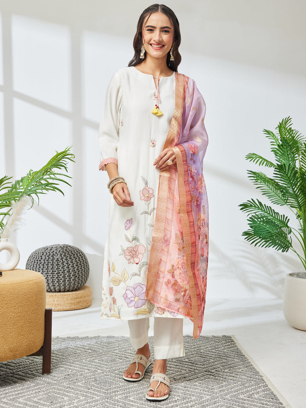 Janasya Off White Straight Chanderi Kurta,Bottom & Dupatta | Grocsy
