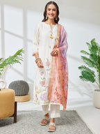 Janasya Off White Straight Chanderi Kurta,Bottom & Dupatta | Grocsy