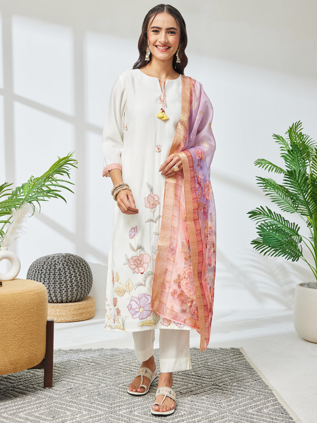 Janasya Off White Straight Chanderi Kurta,Bottom & Dupatta | Grocsy