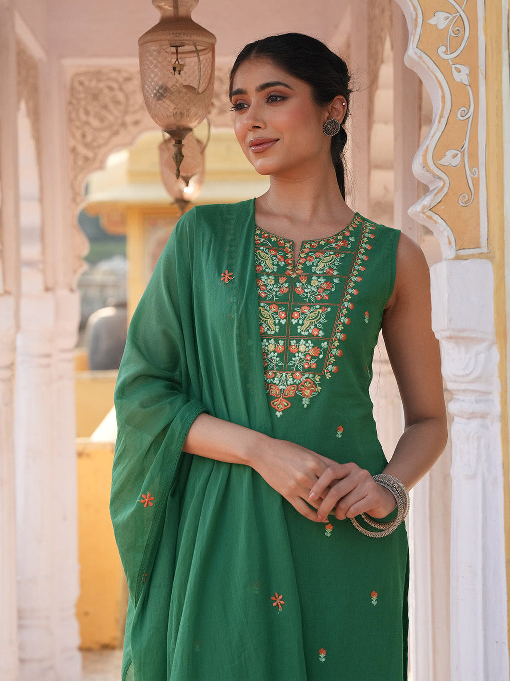 Janasya Green Straight Cotton Kurta,Bottom & Dupatta | Grocsy