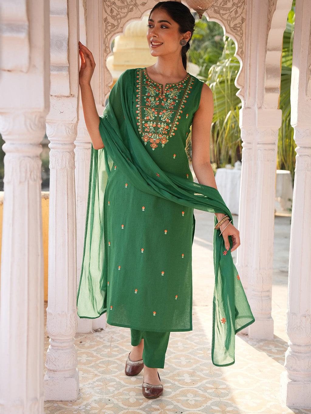 Janasya Green Straight Cotton Kurta,Bottom & Dupatta | Grocsy