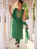 Janasya Green Straight Cotton Kurta,Bottom & Dupatta | Grocsy