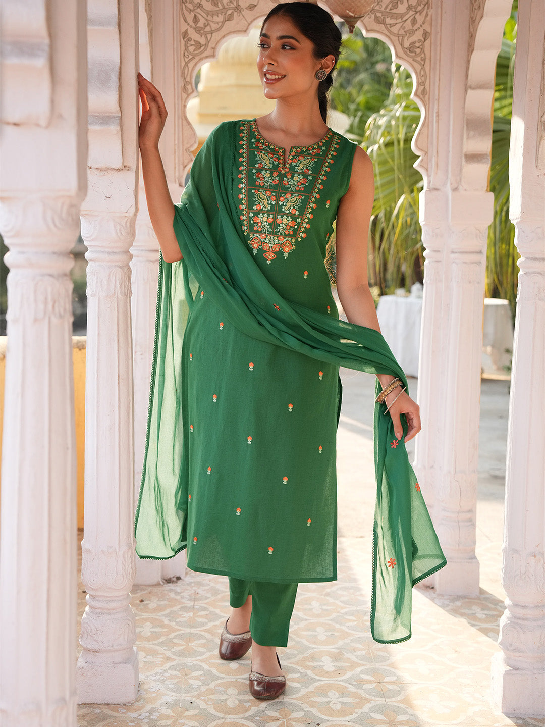 Janasya Green Straight Cotton Kurta,Bottom & Dupatta | Grocsy