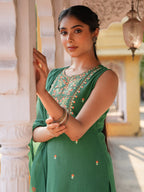 Janasya Green Straight Cotton Kurta,Bottom & Dupatta | Grocsy