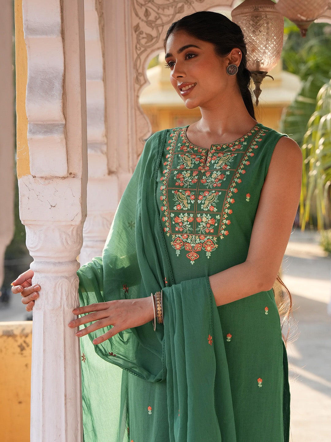 Janasya Green Straight Cotton Kurta,Bottom & Dupatta | Grocsy