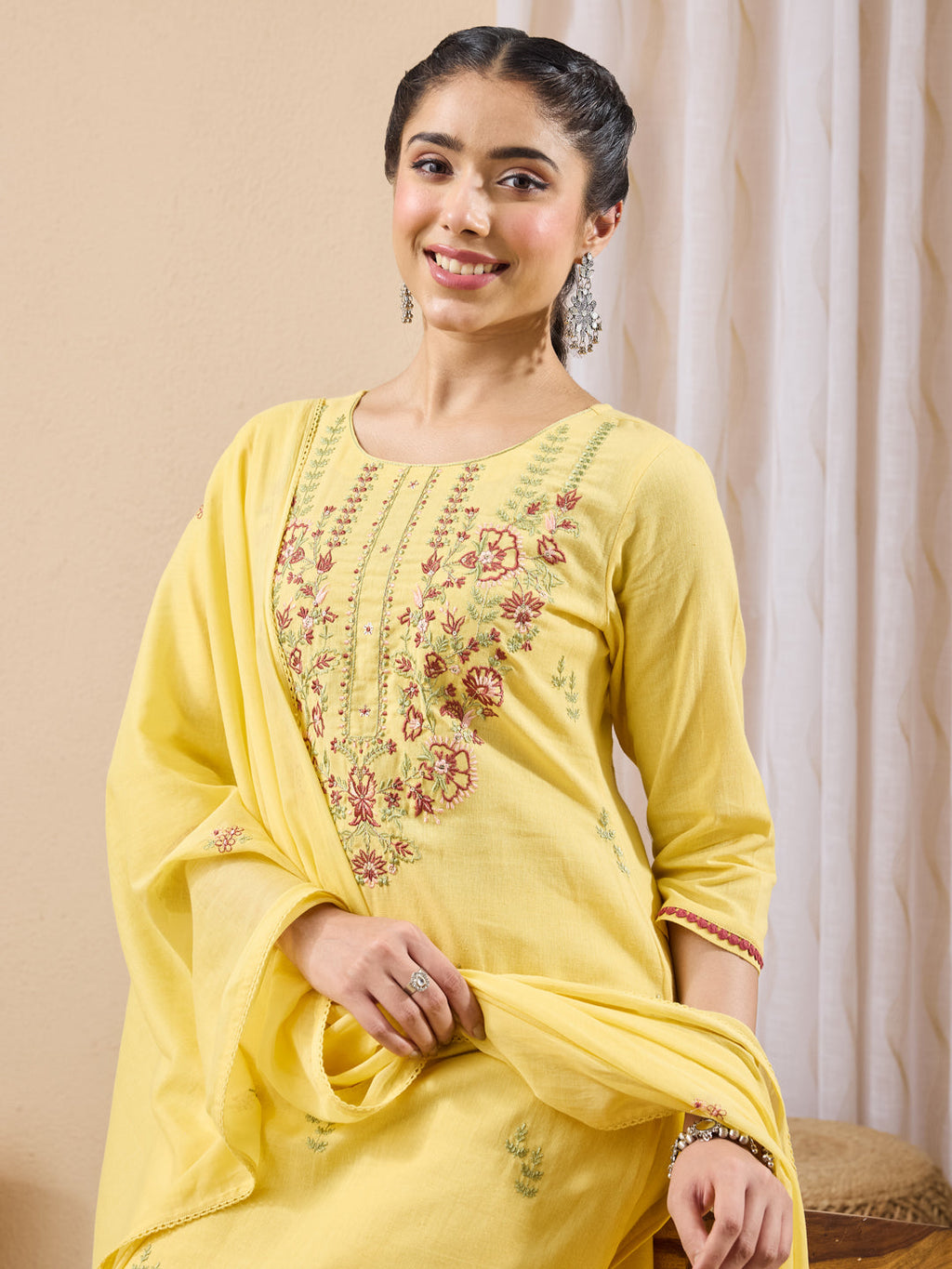Janasya Yellow Straight Cotton Kurta,Bottom & Dupatta | Grocsy