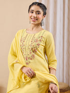 Janasya Yellow Straight Cotton Kurta,Bottom & Dupatta | Grocsy