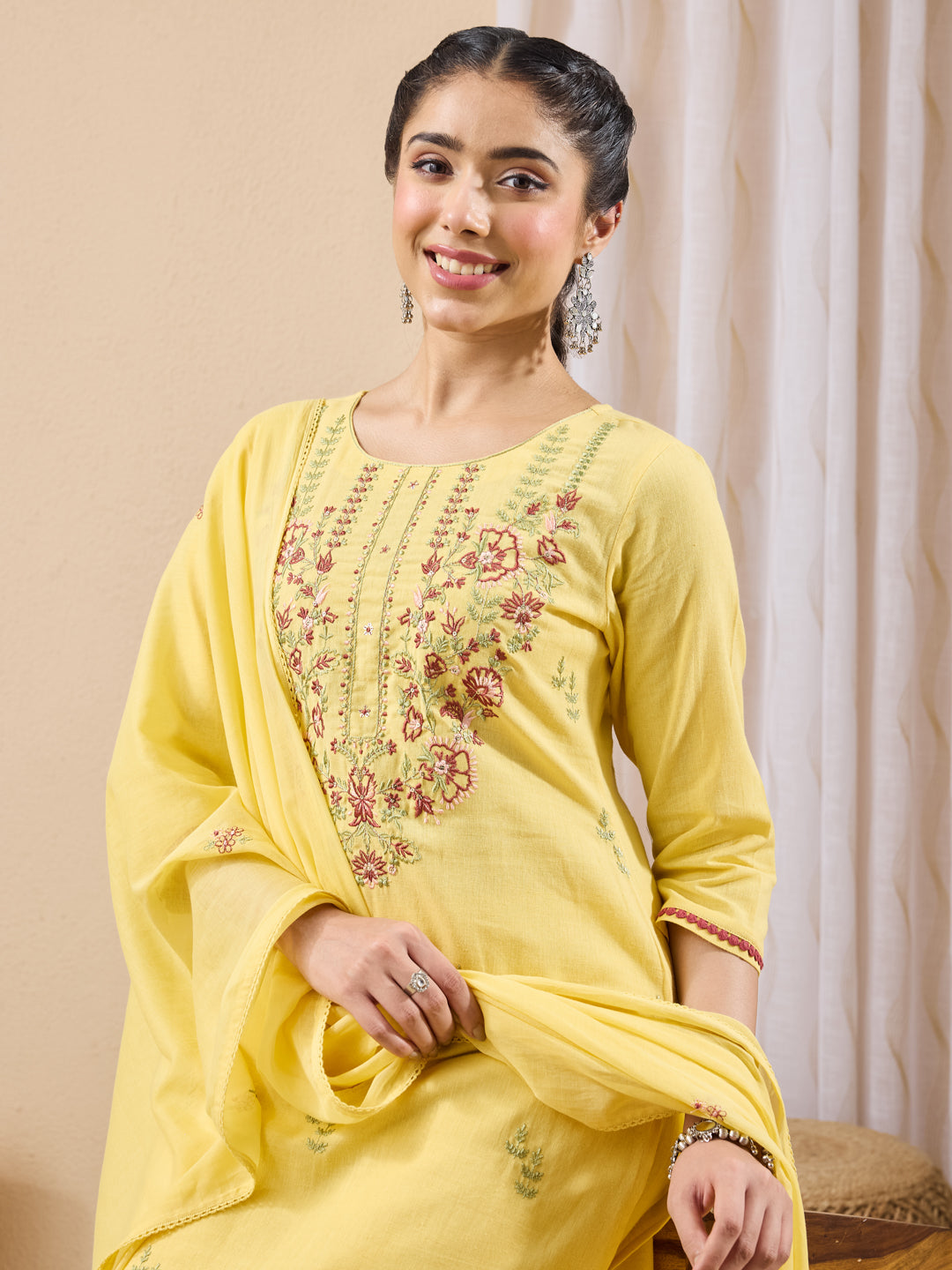 Janasya Yellow Straight Cotton Kurta,Bottom & Dupatta | Grocsy