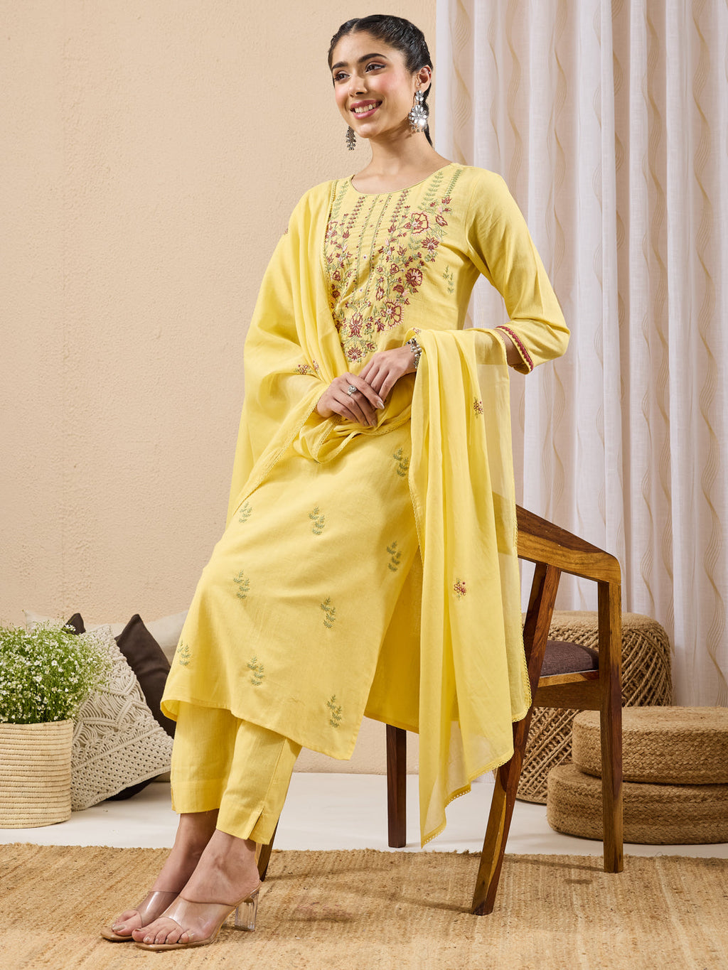 Janasya Yellow Straight Cotton Kurta,Bottom & Dupatta | Grocsy