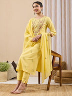 Janasya Yellow Straight Cotton Kurta,Bottom & Dupatta | Grocsy