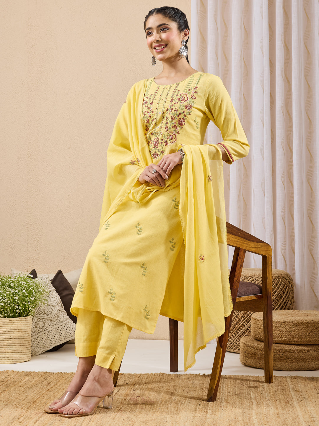 Janasya Yellow Straight Cotton Kurta,Bottom & Dupatta | Grocsy