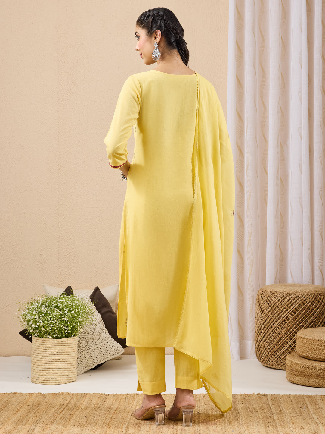Janasya Yellow Straight Cotton Kurta,Bottom & Dupatta | Grocsy