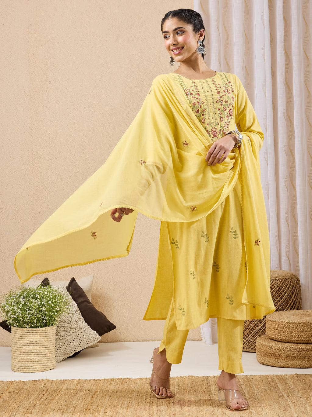 Janasya Yellow Straight Cotton Kurta,Bottom & Dupatta | Grocsy
