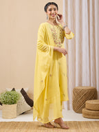 Janasya Yellow Straight Cotton Kurta,Bottom & Dupatta | Grocsy