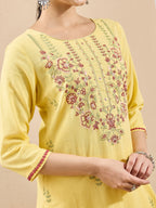 Janasya Yellow Straight Cotton Kurta,Bottom & Dupatta | Grocsy