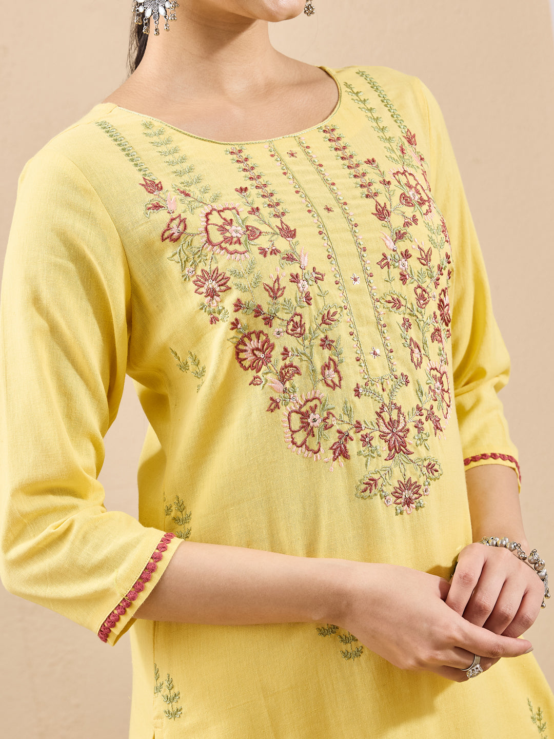 Janasya Yellow Straight Cotton Kurta,Bottom & Dupatta | Grocsy