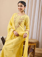 Janasya Yellow Straight Cotton Kurta,Bottom & Dupatta | Grocsy