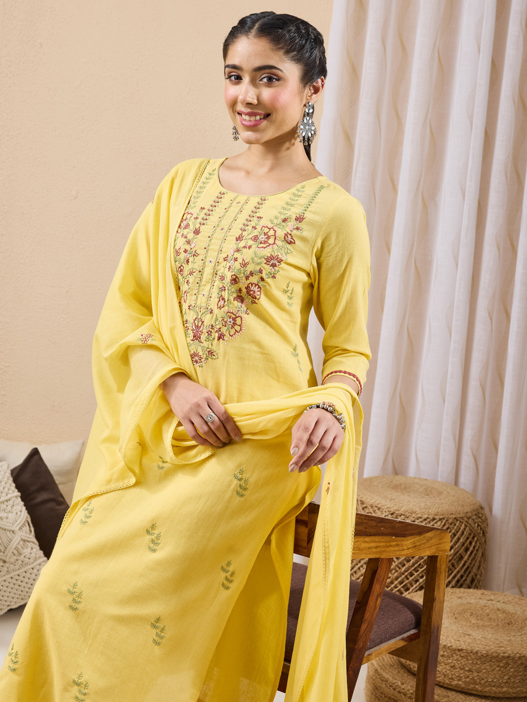 Janasya Yellow Straight Cotton Kurta,Bottom & Dupatta | Grocsy
