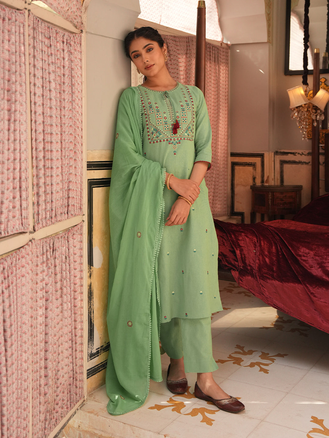 Janasya Mint Straight Cotton Kurta,Bottom & Dupatta | Grocsy