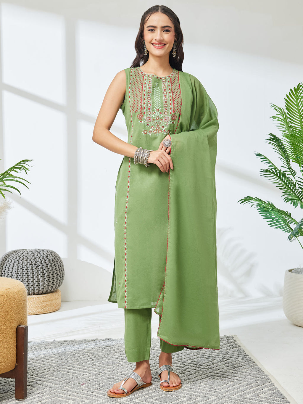 Janasya Mint Straight Cotton Kurta,Bottom & Dupatta | Grocsy