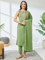Janasya Mint Straight Cotton Kurta,Bottom & Dupatta | Grocsy