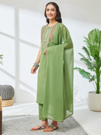 Janasya Mint Straight Cotton Kurta,Bottom & Dupatta | Grocsy