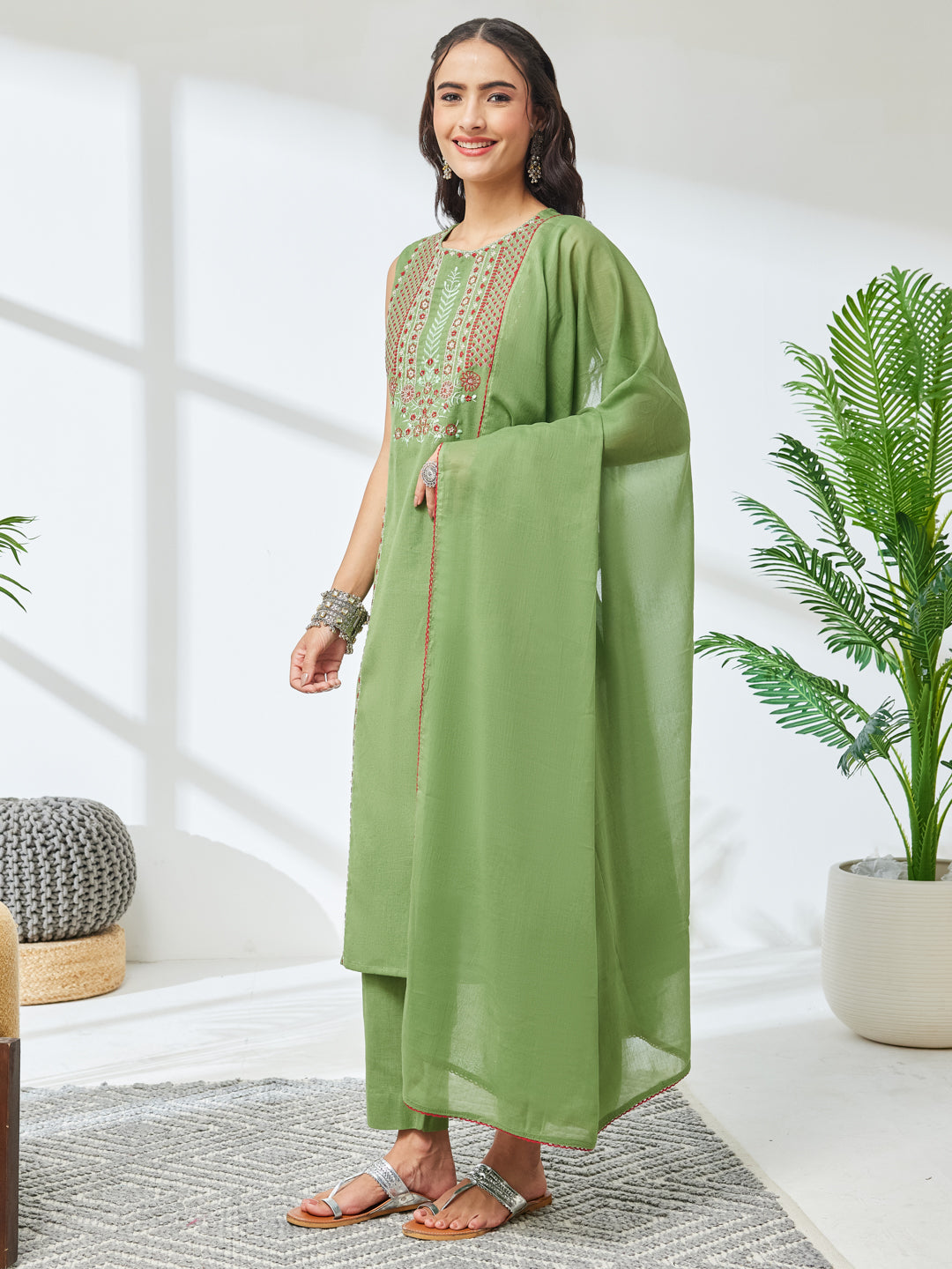 Janasya Mint Straight Cotton Kurta,Bottom & Dupatta | Grocsy