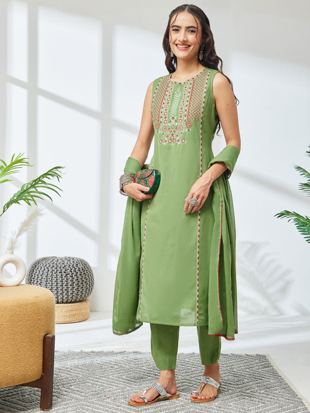 Janasya Mint Straight Cotton Kurta,Bottom & Dupatta | Grocsy