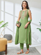 Janasya Mint Straight Cotton Kurta,Bottom & Dupatta | Grocsy