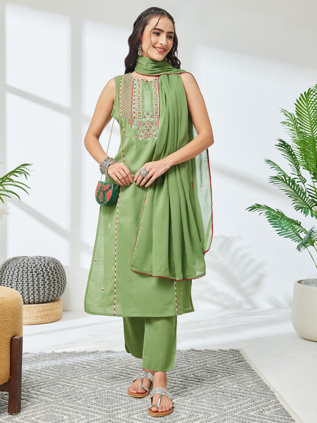 Janasya Mint Straight Cotton Kurta,Bottom & Dupatta | Grocsy