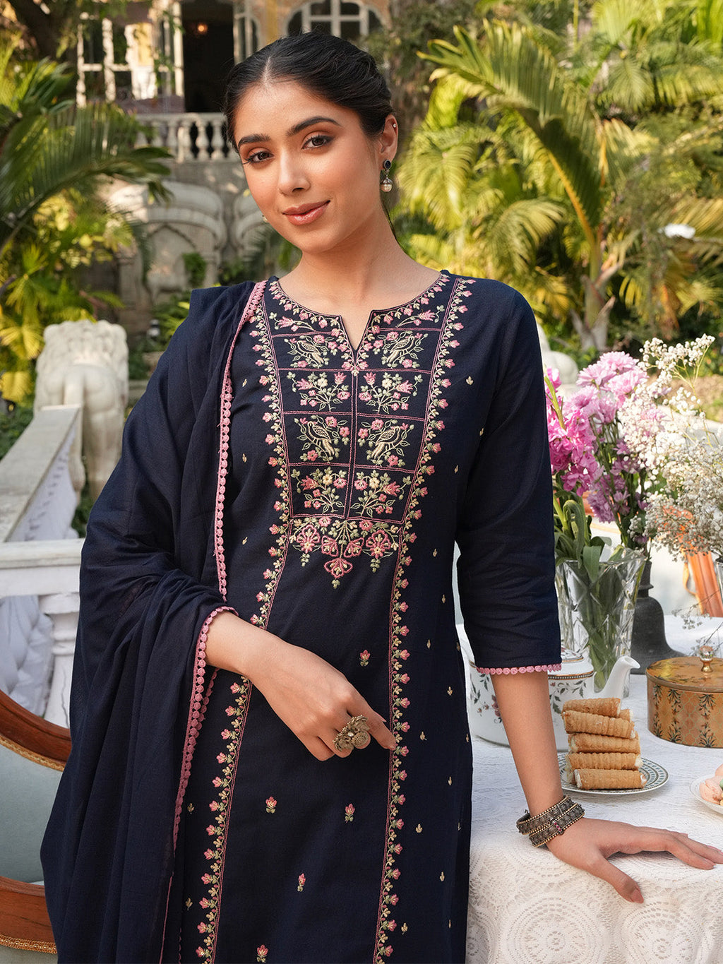 Janasya Navy Blue Straight Cotton Kurta,Bottom & Dupatta | Grocsy