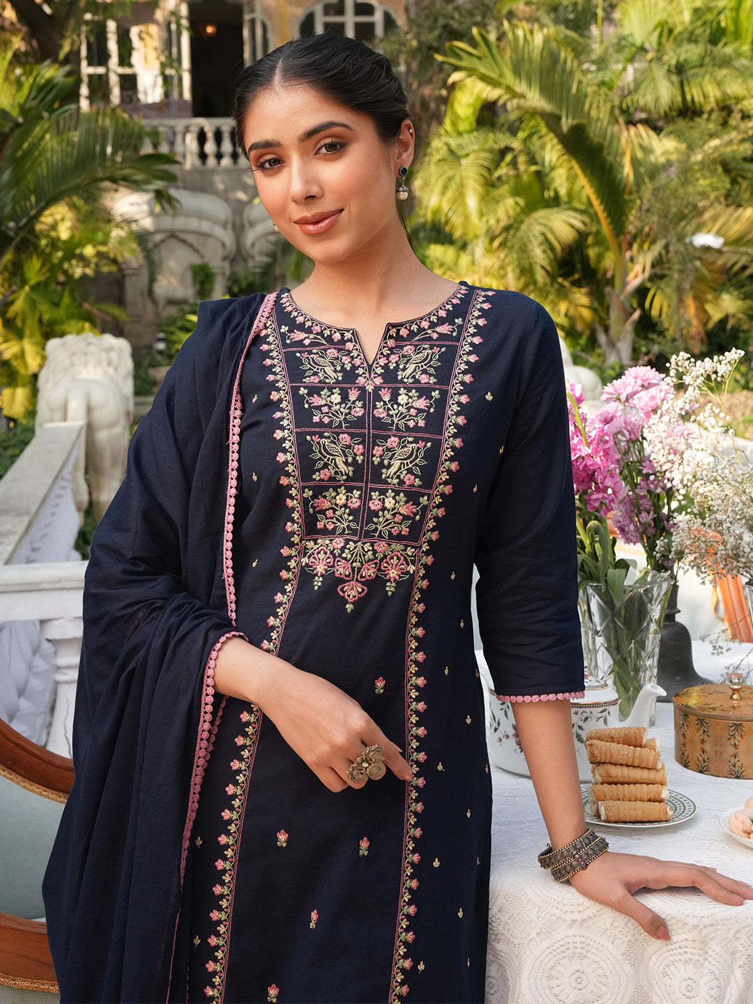Janasya Navy Blue Straight Cotton Kurta,Bottom & Dupatta | Grocsy