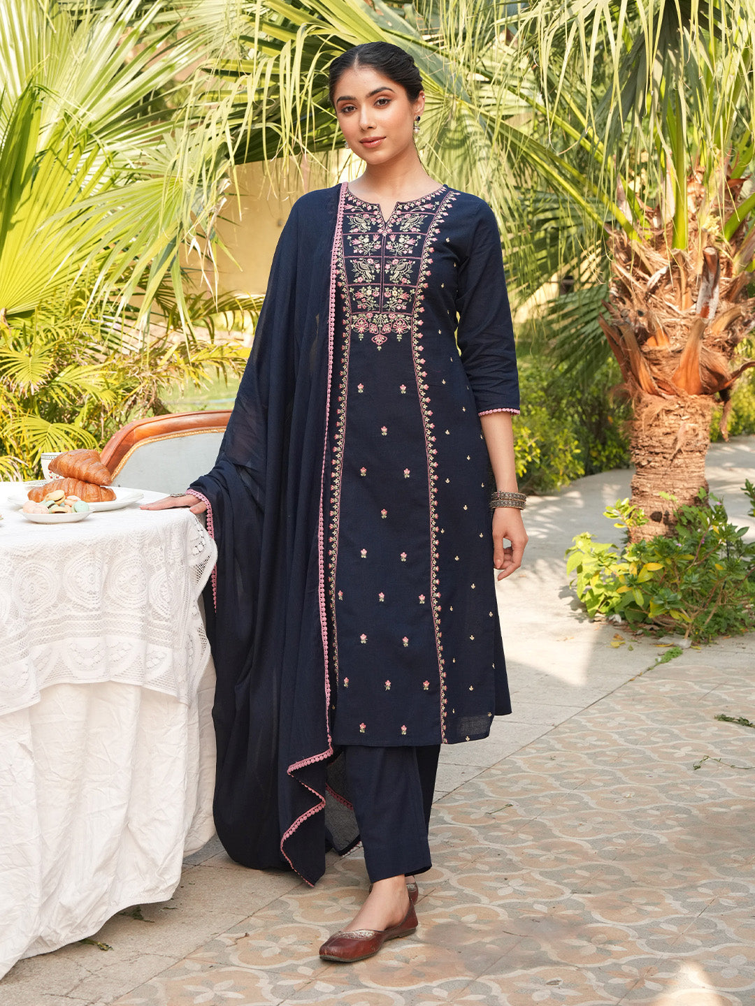 Janasya Navy Blue Straight Cotton Kurta,Bottom & Dupatta | Grocsy