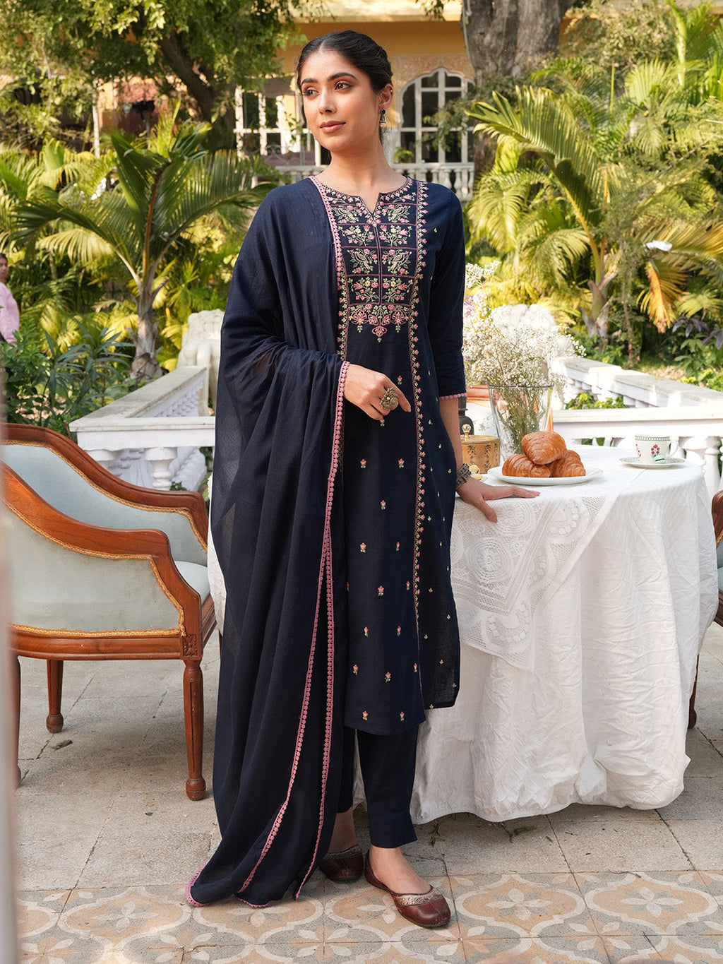 Janasya Navy Blue Straight Cotton Kurta,Bottom & Dupatta | Grocsy