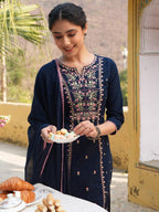Janasya Navy Blue Straight Cotton Kurta,Bottom & Dupatta | Grocsy