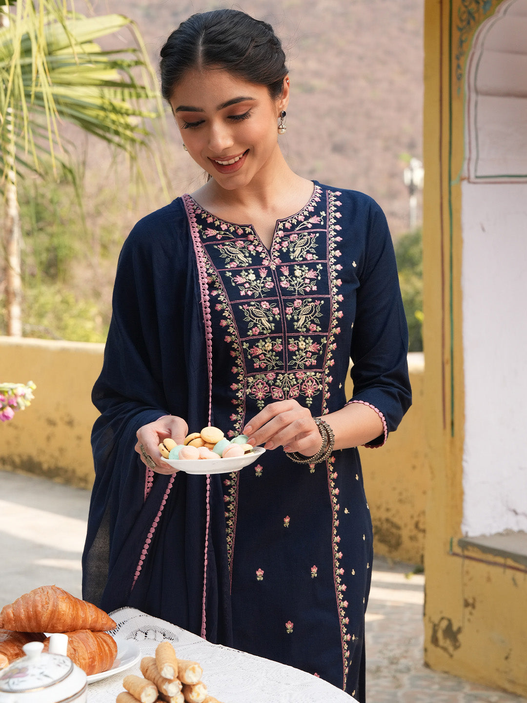 Janasya Navy Blue Straight Cotton Kurta,Bottom & Dupatta | Grocsy