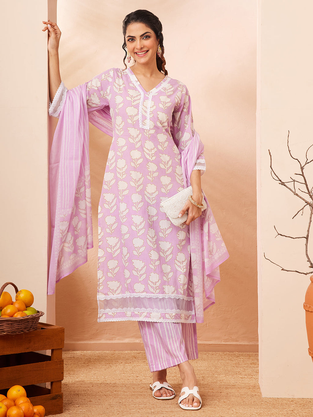 Janasya Lavender Straight Cotton Kurta,Bottom & Dupatta | Grocsy
