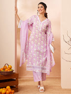 Janasya Lavender Straight Cotton Kurta,Bottom & Dupatta | Grocsy