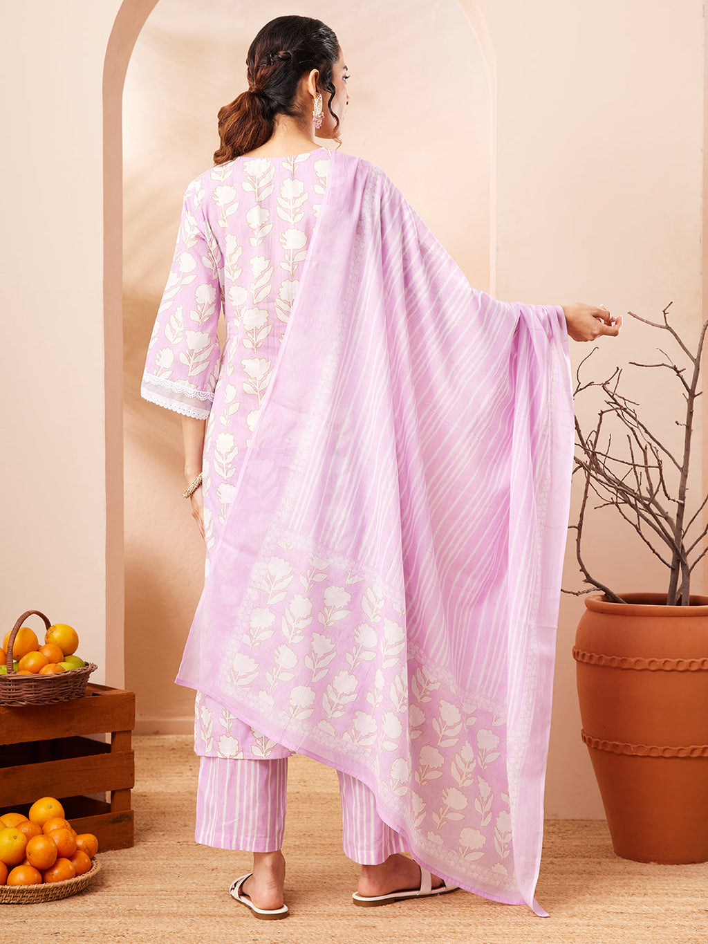 Janasya Lavender Straight Cotton Kurta,Bottom & Dupatta | Grocsy