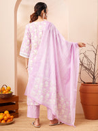Janasya Lavender Straight Cotton Kurta,Bottom & Dupatta | Grocsy
