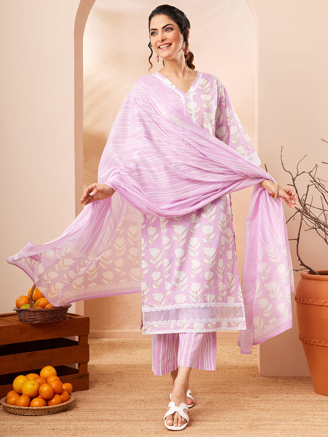 Janasya Lavender Straight Cotton Kurta,Bottom & Dupatta | Grocsy
