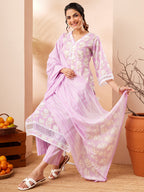 Janasya Lavender Straight Cotton Kurta,Bottom & Dupatta | Grocsy