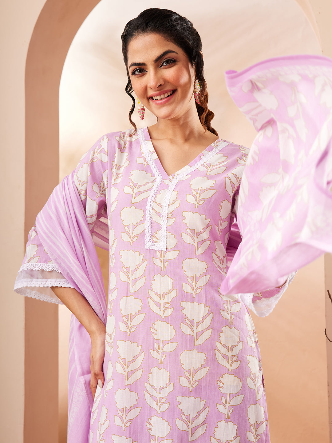 Janasya Lavender Straight Cotton Kurta,Bottom & Dupatta | Grocsy