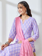 Janasya Lavender Straight Cotton Kurta,Bottom & Dupatta | Grocsy