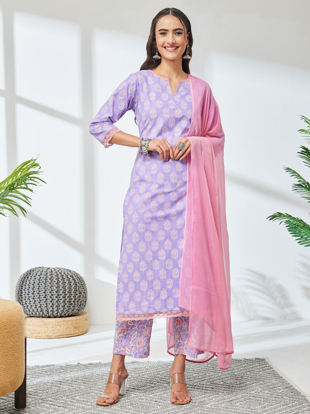 Janasya Lavender Straight Cotton Kurta,Bottom & Dupatta | Grocsy