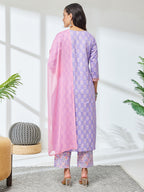 Janasya Lavender Straight Cotton Kurta,Bottom & Dupatta | Grocsy
