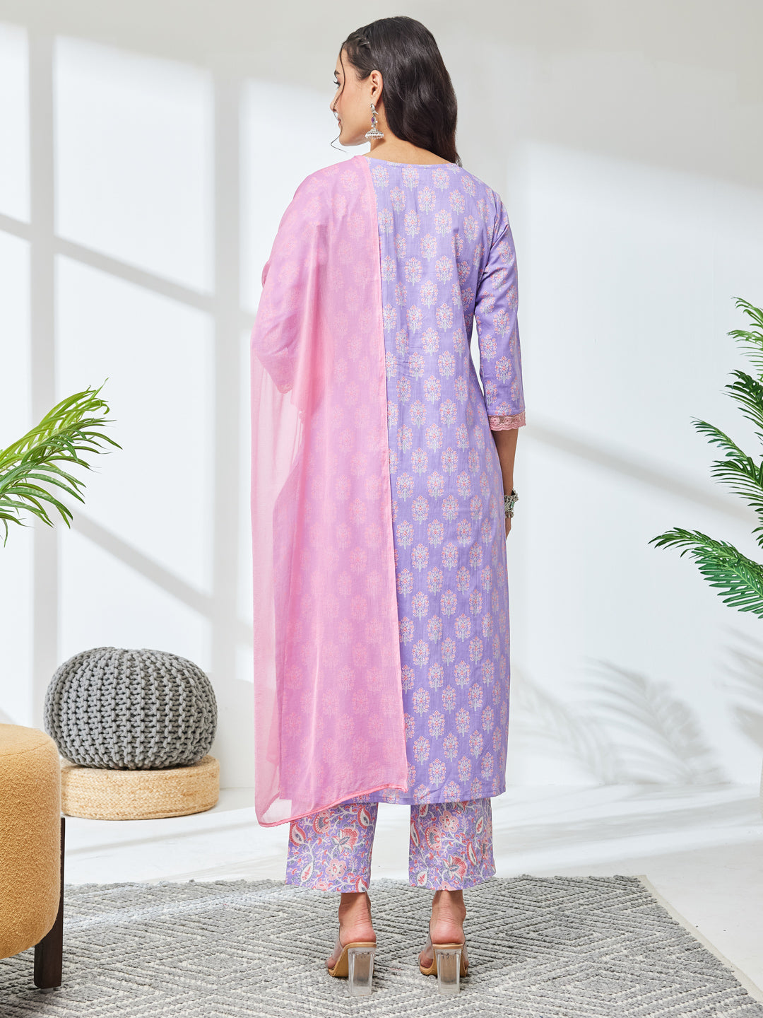 Janasya Lavender Straight Cotton Kurta,Bottom & Dupatta | Grocsy