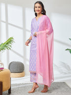 Janasya Lavender Straight Cotton Kurta,Bottom & Dupatta | Grocsy