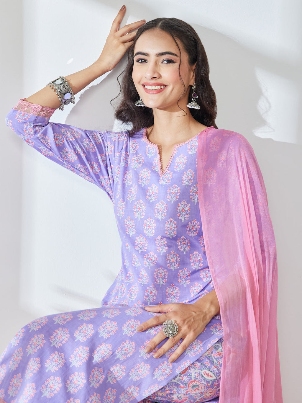 Janasya Lavender Straight Cotton Kurta,Bottom & Dupatta | Grocsy