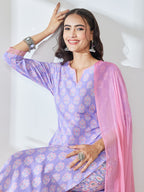 Janasya Lavender Straight Cotton Kurta,Bottom & Dupatta | Grocsy